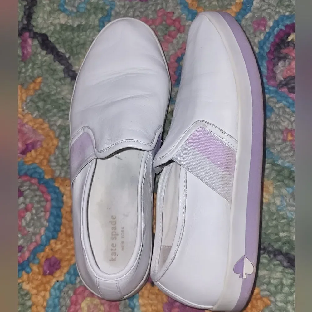 Kate Spade Sandy Leather Slip On Sneakers White Purple 7.5